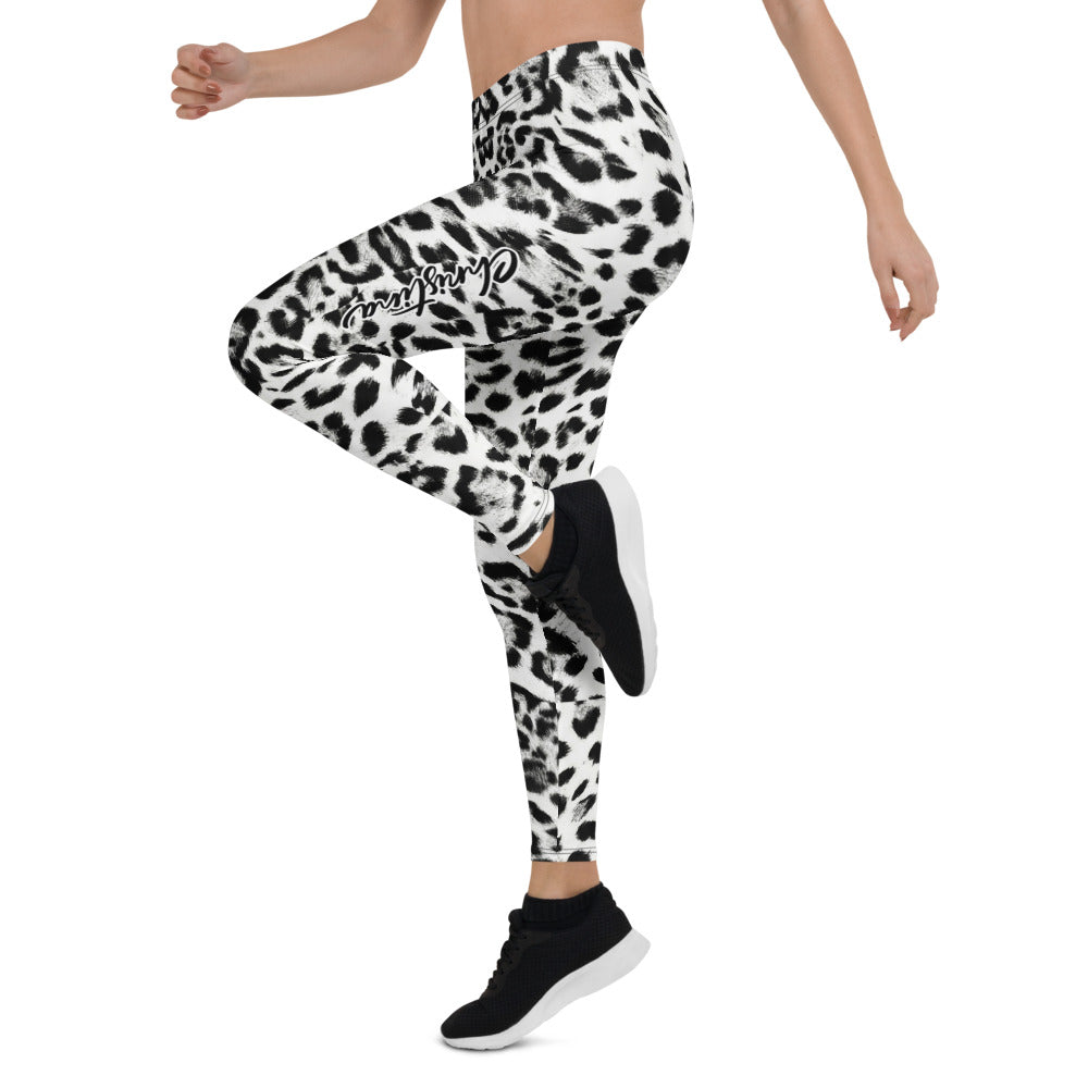Personalisierte Damen Sportleggings Leopardenmuster Schwarz Weiß Fitness Yoga Leggings V591
