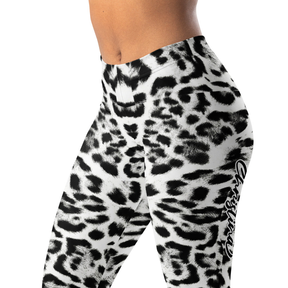 Personalisierte Damen Sportleggings Leopardenmuster Schwarz Weiß Fitness Yoga Leggings V591