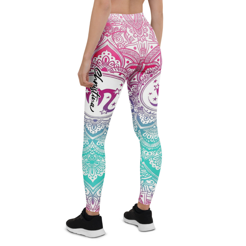 Personalisierte Damen Sportleggings Mandala Muster Pink Lila Türkis Fitness Yoga Leggings X438