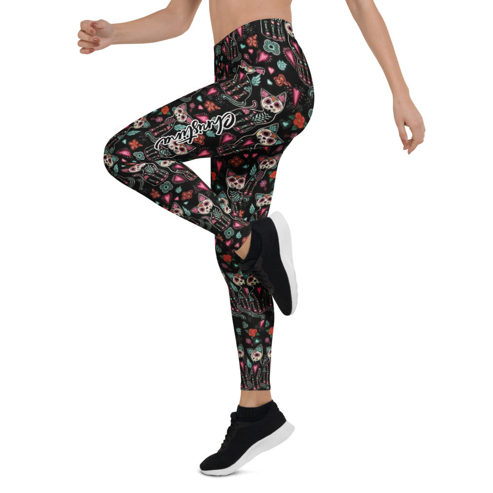 Personalisierte Damen Sportleggings Katzen Motiv Dia de los Muertos Design Schwarz Bunt Yoga Fitness Leggings E029