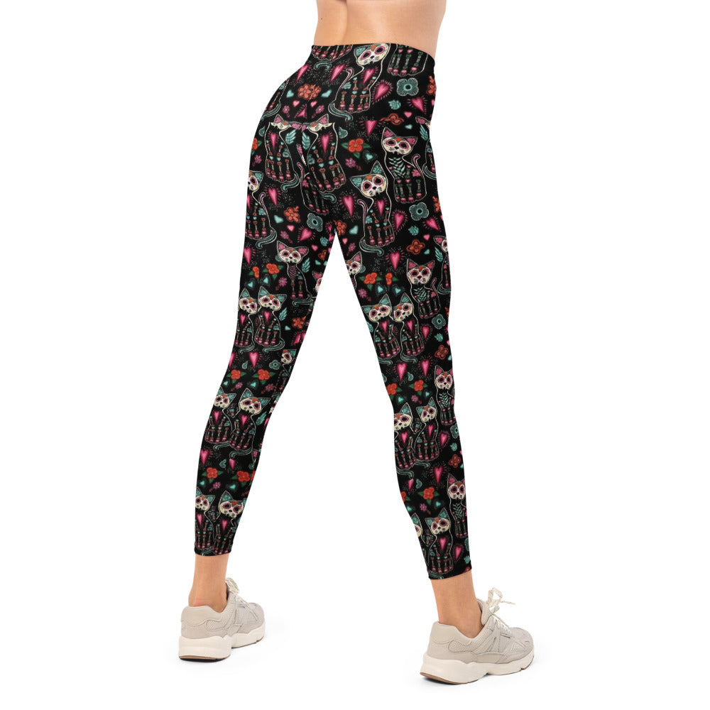 Personalisierte Damen Sportleggings Katzen Motiv Dia de los Muertos Design Schwarz Bunt Yoga Fitness Leggings E029