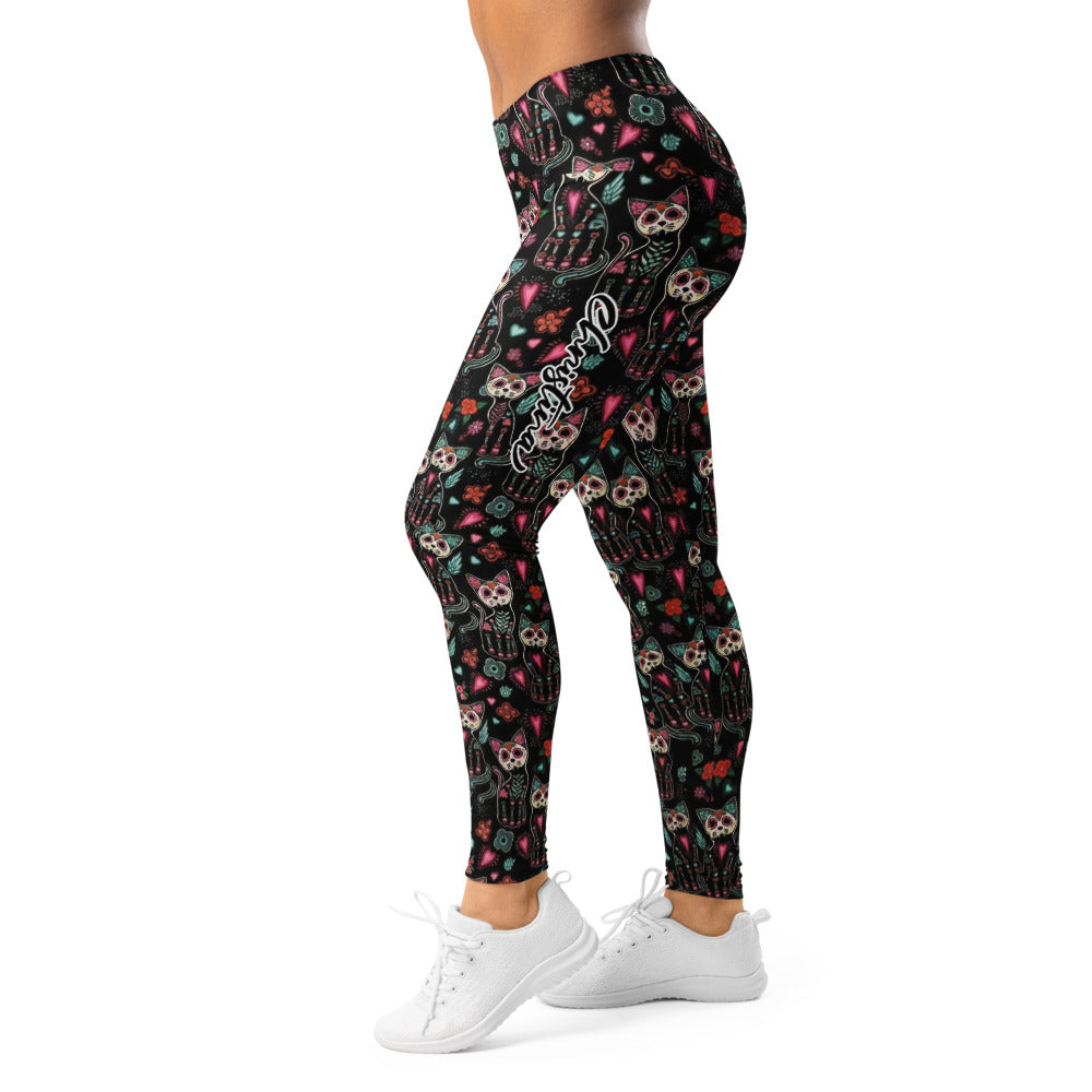 Personalisierte Damen Sportleggings Katzen Motiv Dia de los Muertos Design Schwarz Bunt Yoga Fitness Leggings E029