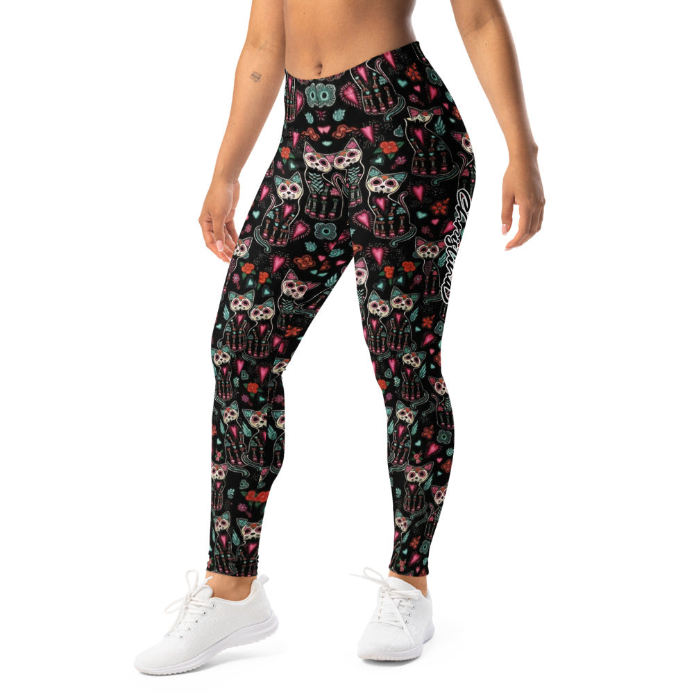 Personalisierte Damen Sportleggings Katzen Motiv Dia de los Muertos Design Schwarz Bunt Yoga Fitness Leggings E029