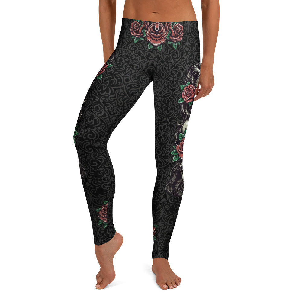 Personalisierte Sportleggings Damen Totenkopf Design Schwarz Rote Rosen Fitness Yoga Leggings S431