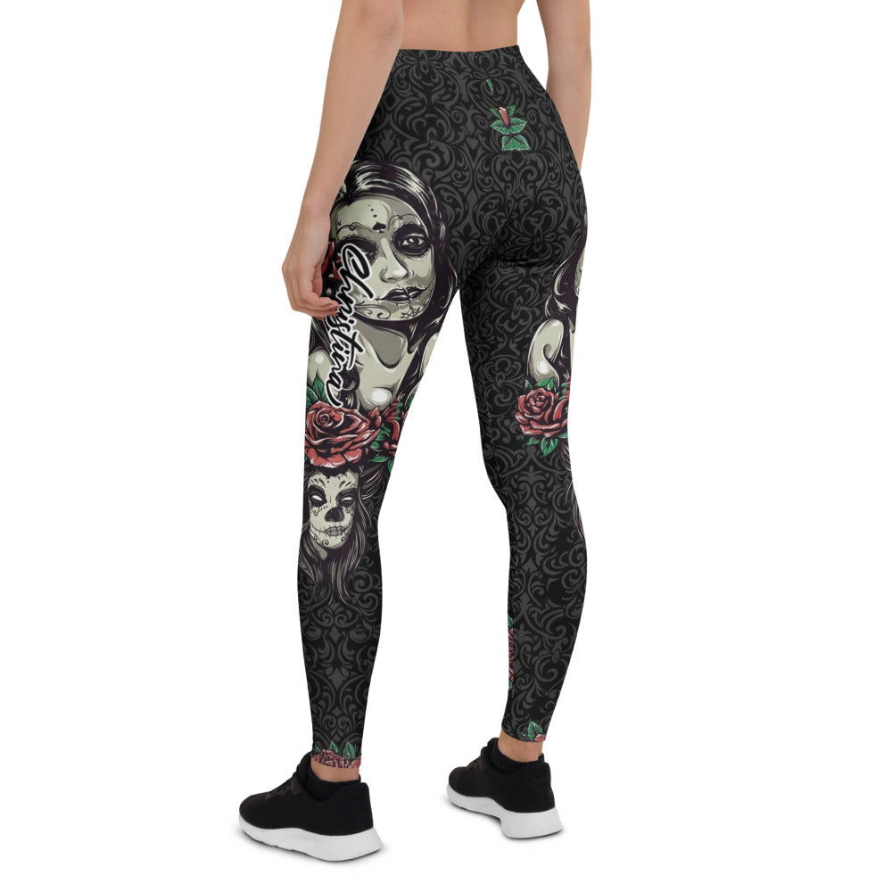 Personalisierte Sportleggings Damen Totenkopf Design Schwarz Rote Rosen Fitness Yoga Leggings S431