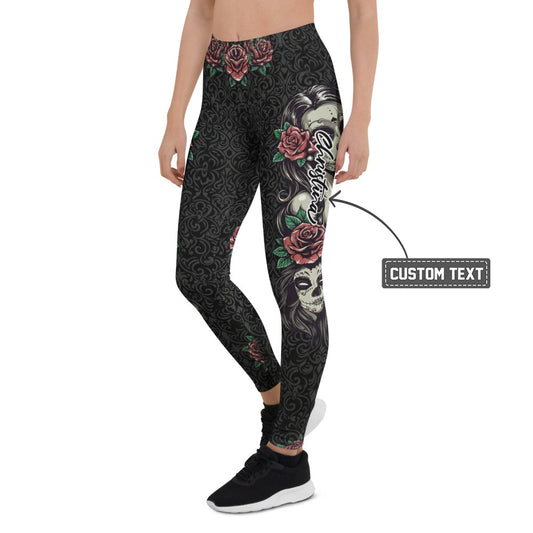 Personalisierte Sportleggings Damen Totenkopf Design Schwarz Rote Rosen Fitness Yoga Leggings S431 - XL