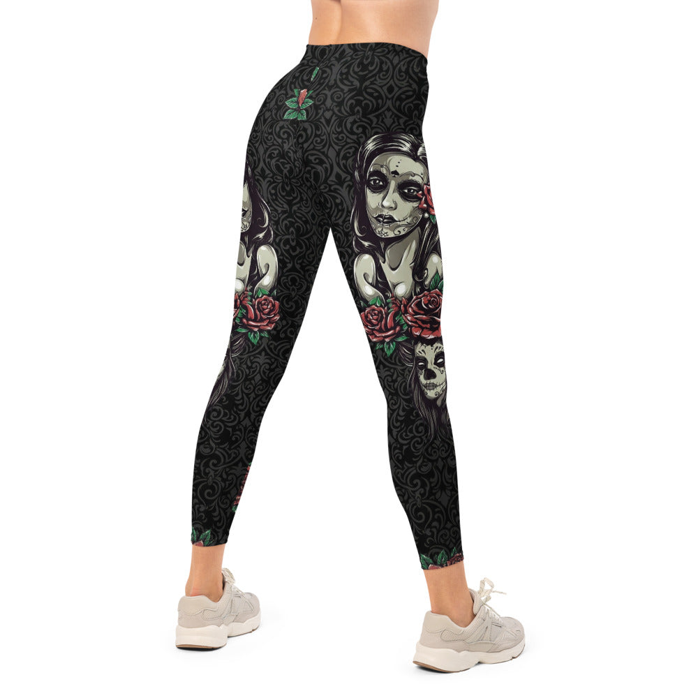 Personalisierte Sportleggings Damen Totenkopf Design Schwarz Rote Rosen Fitness Yoga Leggings S431