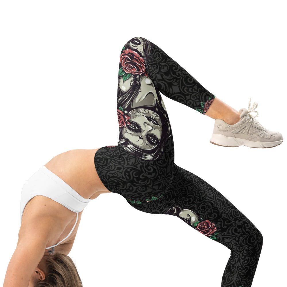 Personalisierte Sportleggings Damen Totenkopf Design Schwarz Rote Rosen Fitness Yoga Leggings S431