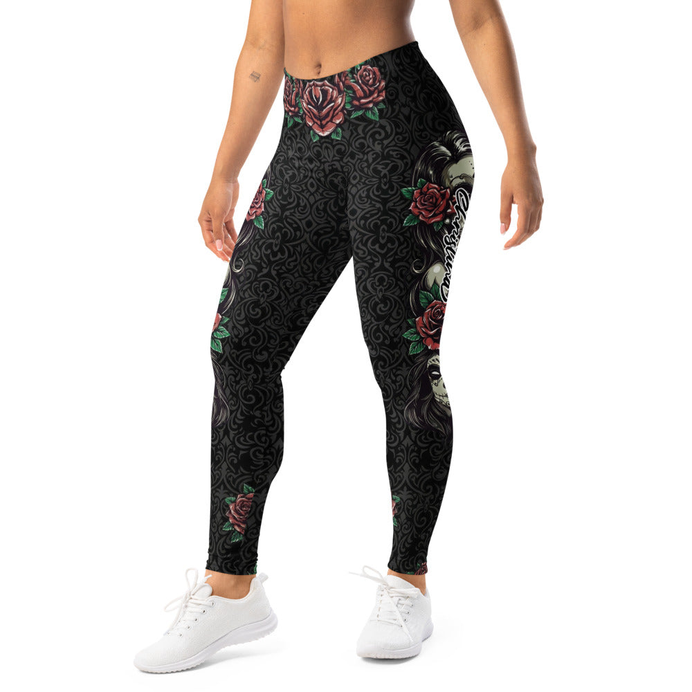 Personalisierte Sportleggings Damen Totenkopf Design Schwarz Rote Rosen Fitness Yoga Leggings S431
