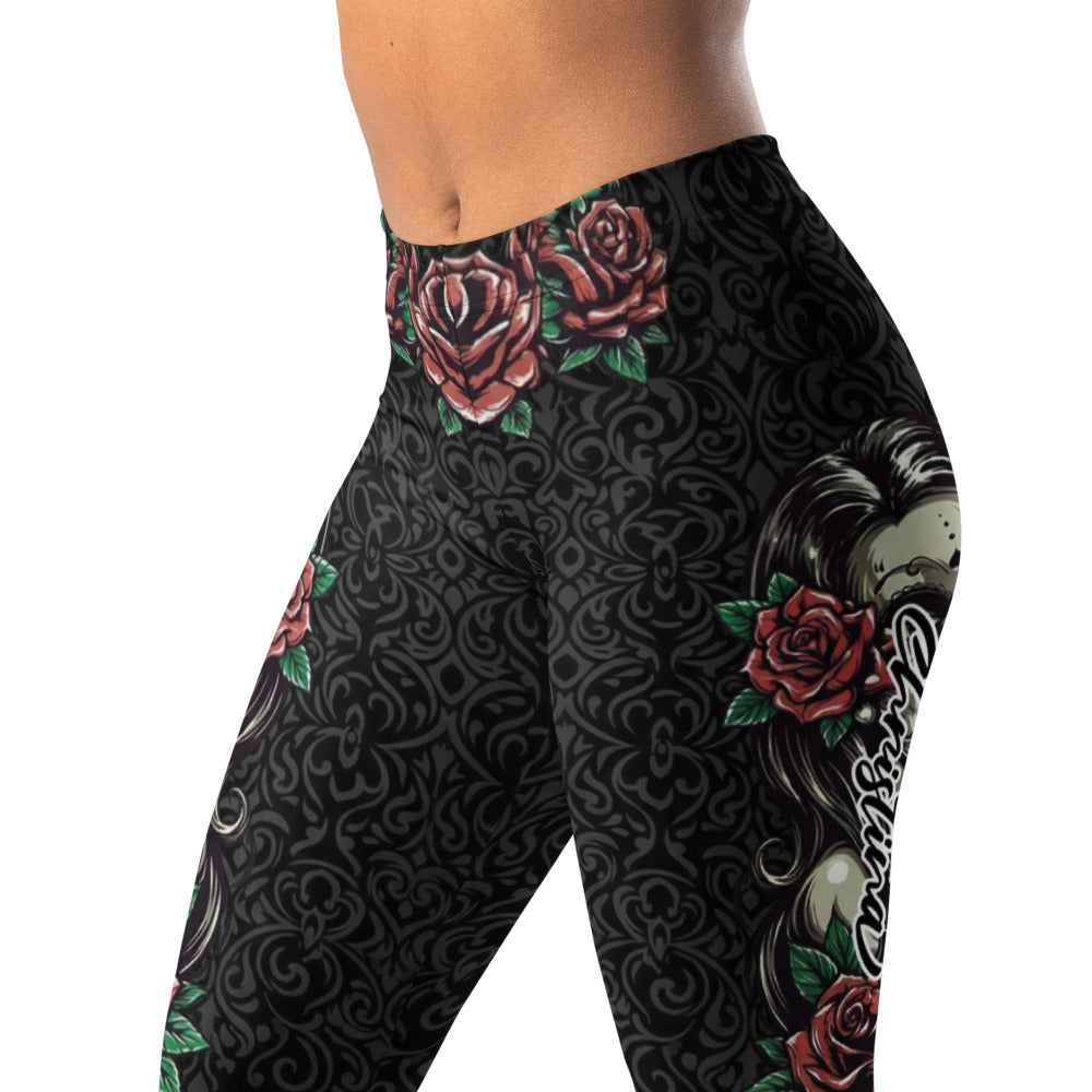 Personalisierte Sportleggings Damen Totenkopf Design Schwarz Rote Rosen Fitness Yoga Leggings S431
