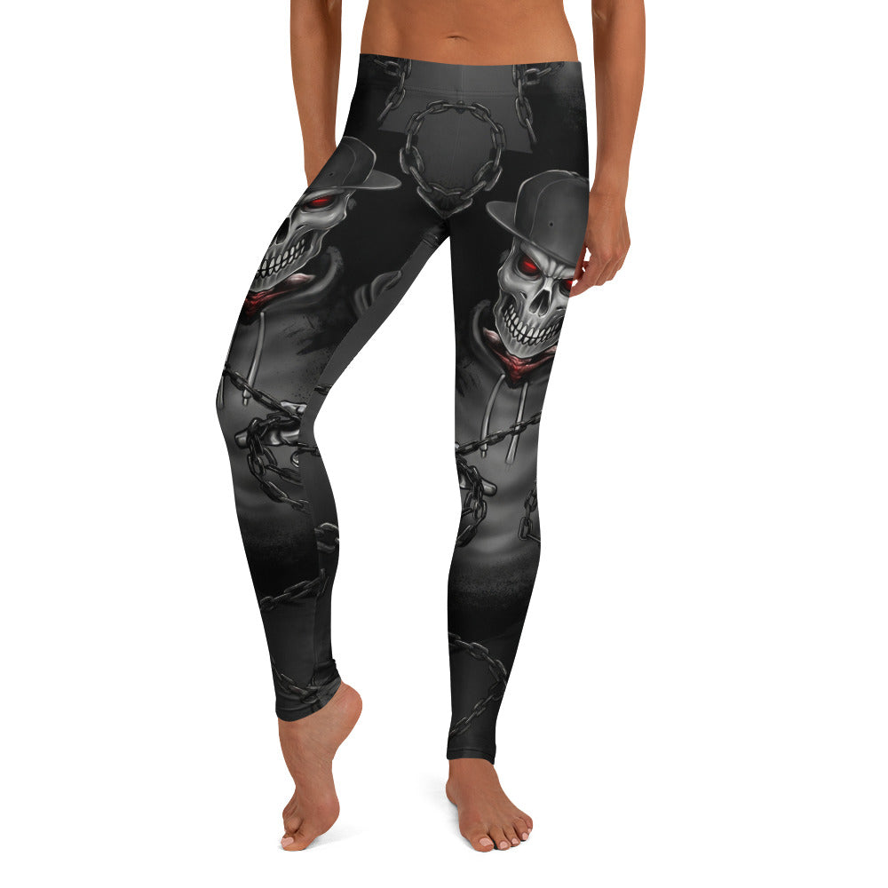 Personalisierte Damen Sportleggings Totenkopf Design Schwarz Grau Fitness Leggings mit Ketten Muster N694