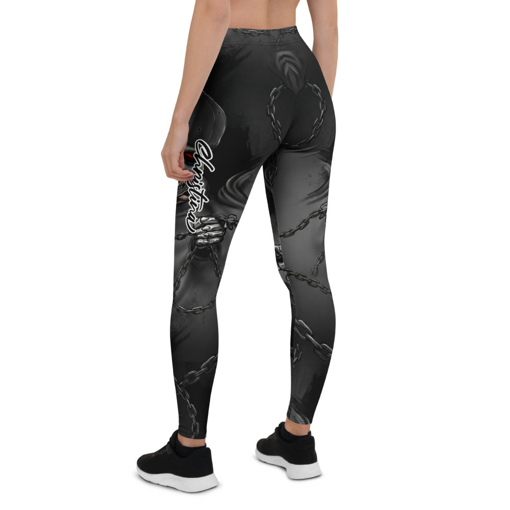 Personalisierte Damen Sportleggings Totenkopf Design Schwarz Grau Fitness Leggings mit Ketten Muster N694