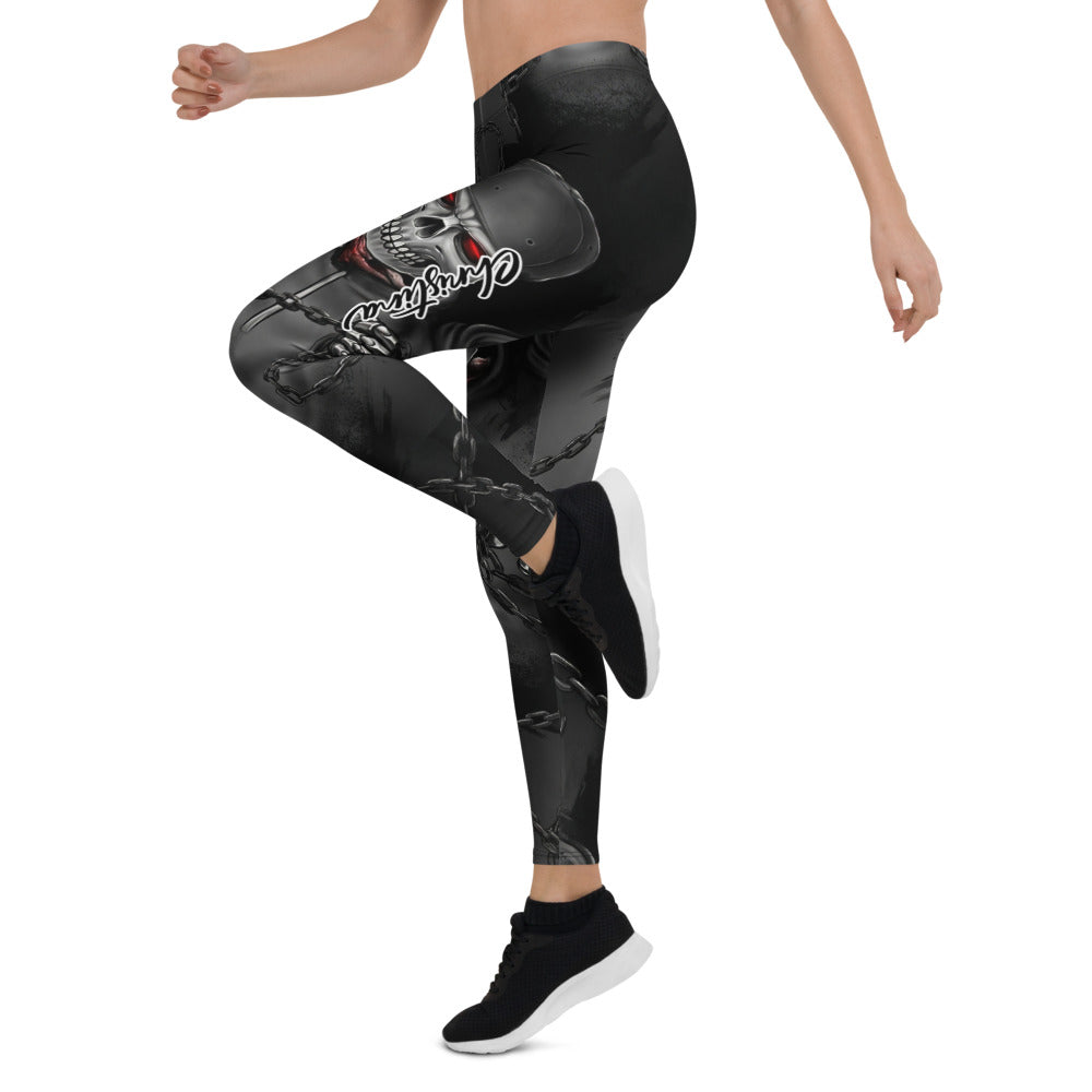 Personalisierte Damen Sportleggings Totenkopf Design Schwarz Grau Fitness Leggings mit Ketten Muster N694