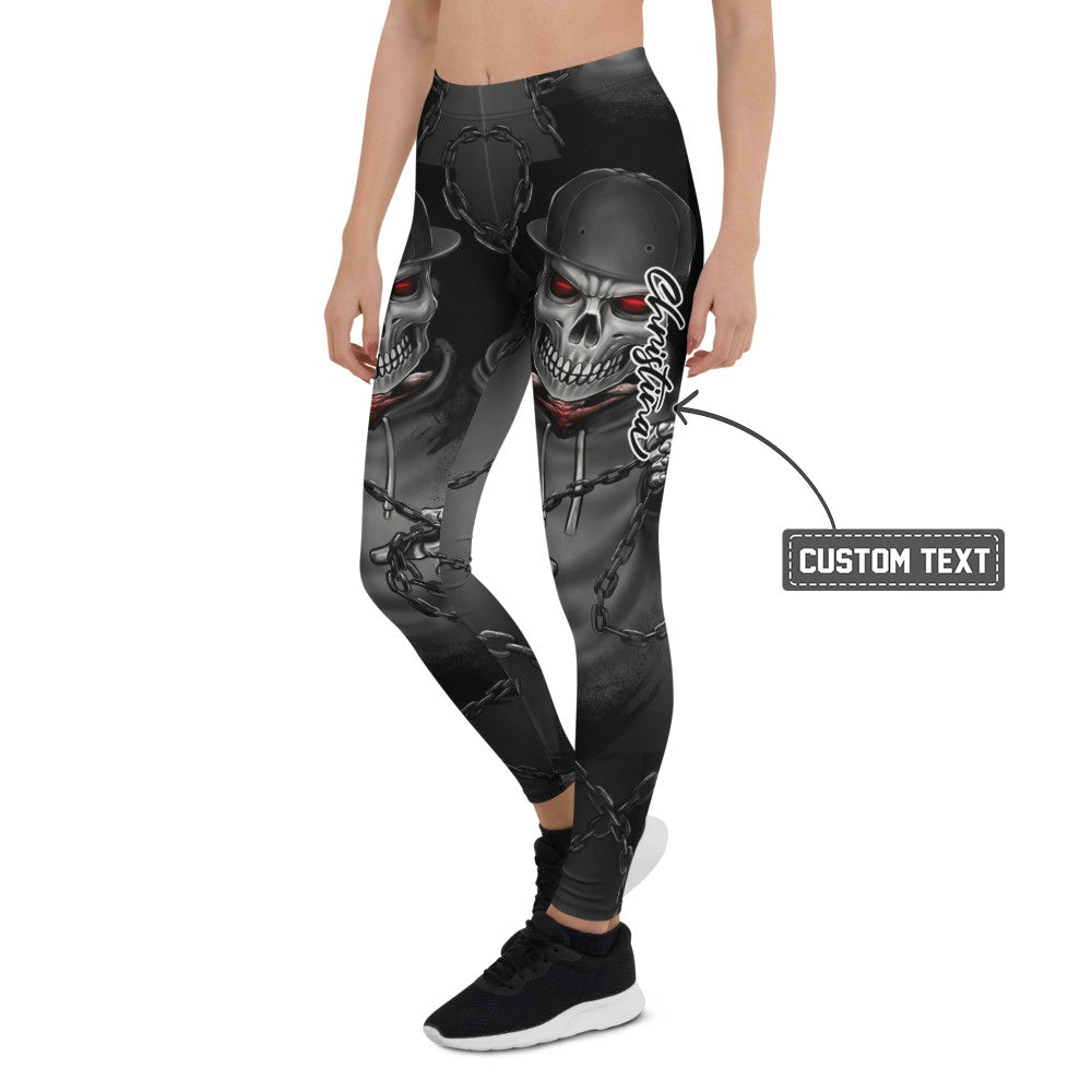 Personalisierte Damen Sportleggings Totenkopf Design Schwarz Grau Fitness Leggings mit Ketten Muster N694 - XL