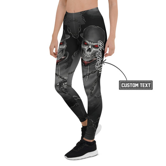 Personalisierte Damen Sportleggings Totenkopf Design Schwarz Grau Fitness Leggings mit Ketten Muster N694 - XL