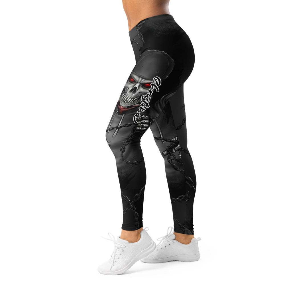 Personalisierte Damen Sportleggings Totenkopf Design Schwarz Grau Fitness Leggings mit Ketten Muster N694