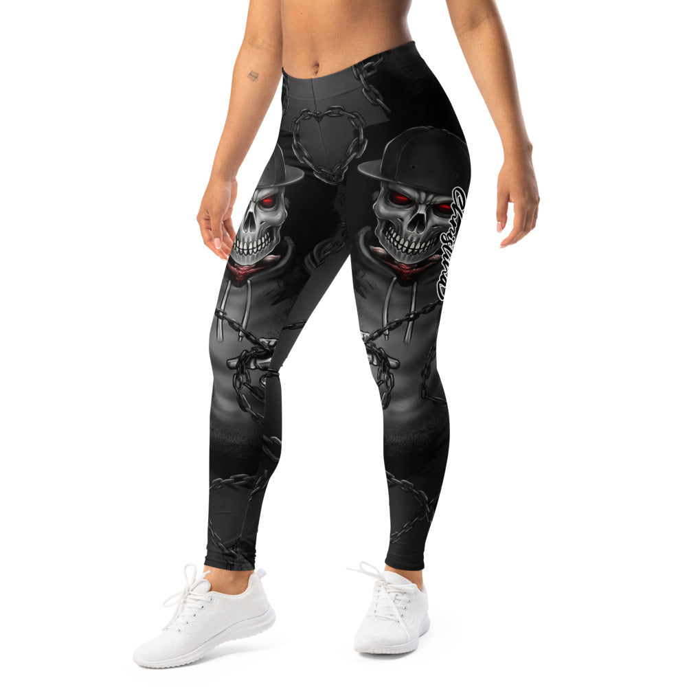 Personalisierte Damen Sportleggings Totenkopf Design Schwarz Grau Fitness Leggings mit Ketten Muster N694