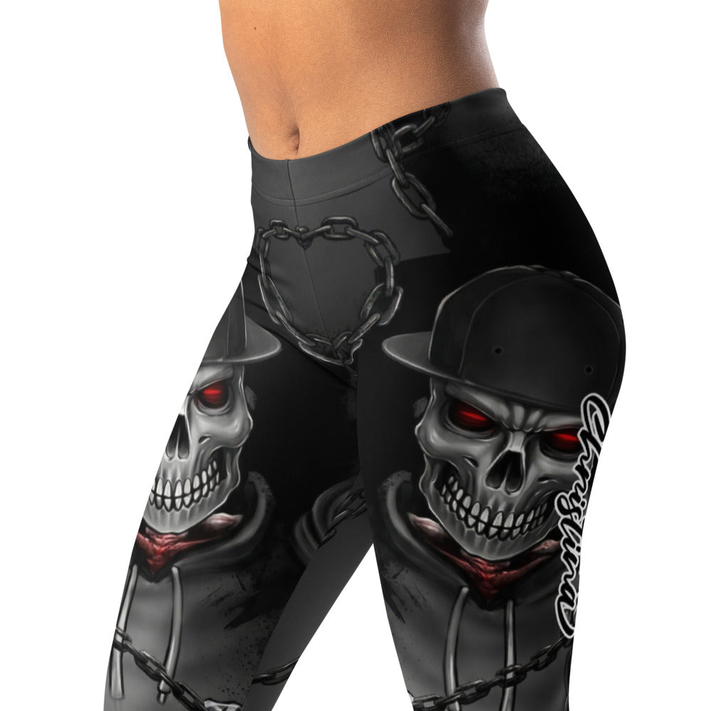 Personalisierte Damen Sportleggings Totenkopf Design Schwarz Grau Fitness Leggings mit Ketten Muster N694