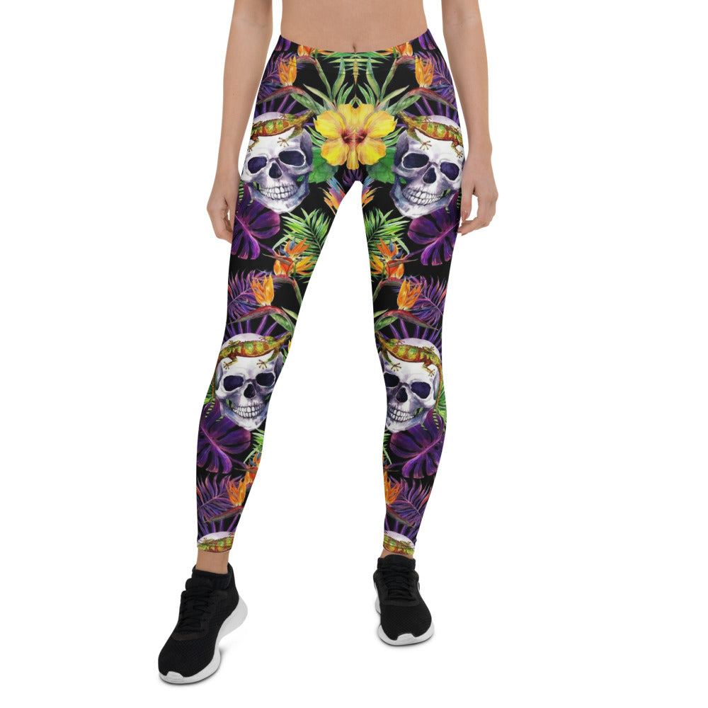 Personalisierte Damen Sportleggings Totenkopf & Tropen Design Fitness Leggings Yoga Hose Dschungel Muster Schwarz Bunt I885