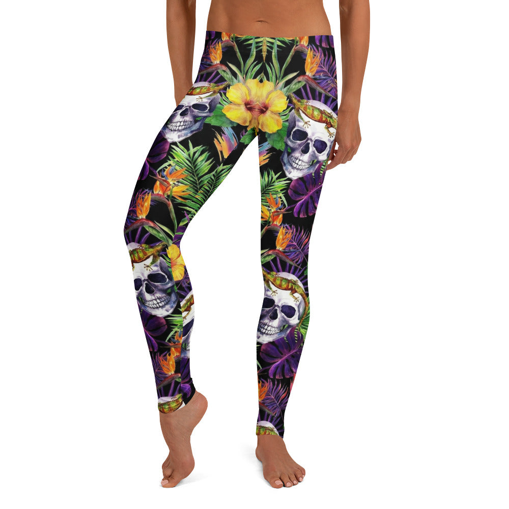 Personalisierte Damen Sportleggings Totenkopf & Tropen Design Fitness Leggings Yoga Hose Dschungel Muster Schwarz Bunt I885