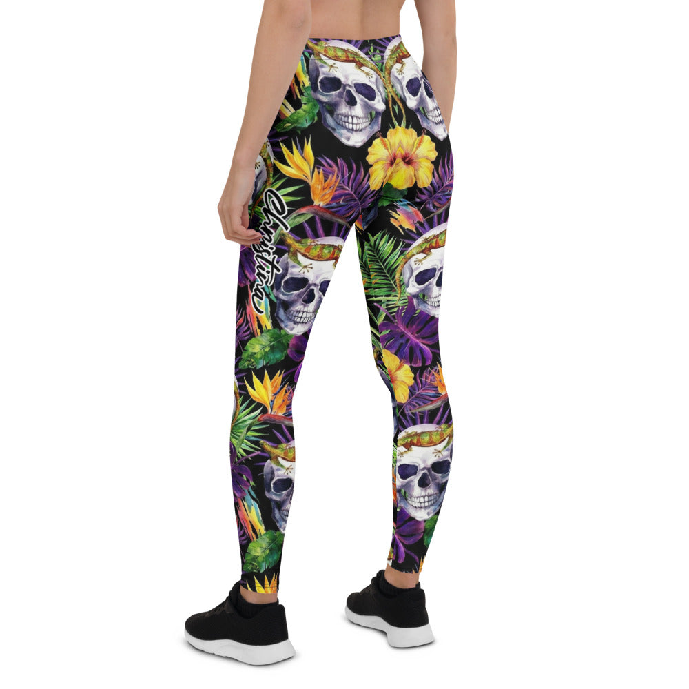 Personalisierte Damen Sportleggings Totenkopf & Tropen Design Fitness Leggings Yoga Hose Dschungel Muster Schwarz Bunt I885