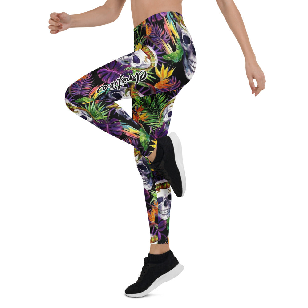 Personalisierte Damen Sportleggings Totenkopf & Tropen Design Fitness Leggings Yoga Hose Dschungel Muster Schwarz Bunt I885