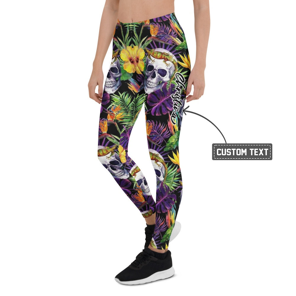 Personalisierte Damen Sportleggings Totenkopf & Tropen Design Fitness Leggings Yoga Hose Dschungel Muster Schwarz Bunt I885 - XL