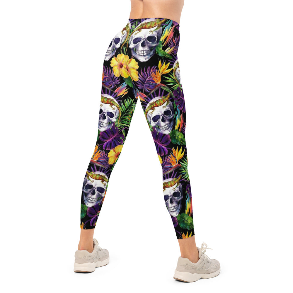 Personalisierte Damen Sportleggings Totenkopf & Tropen Design Fitness Leggings Yoga Hose Dschungel Muster Schwarz Bunt I885