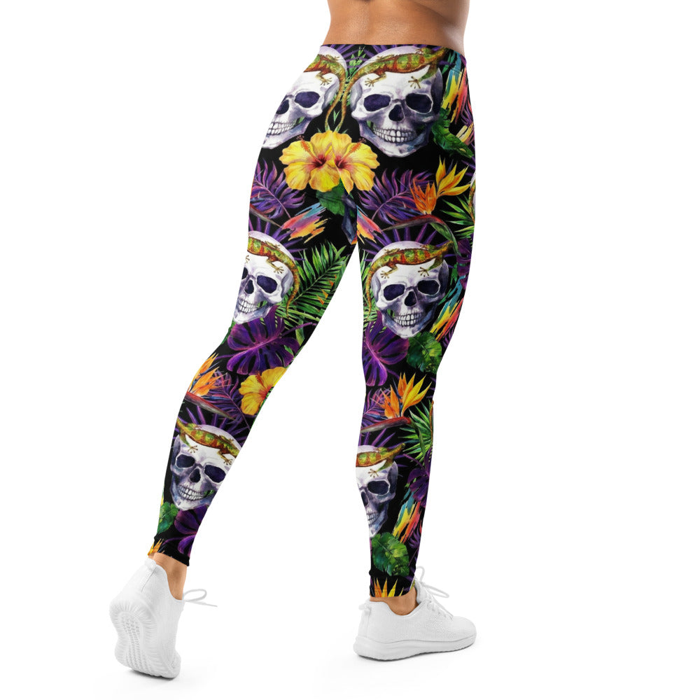 Personalisierte Damen Sportleggings Totenkopf & Tropen Design Fitness Leggings Yoga Hose Dschungel Muster Schwarz Bunt I885