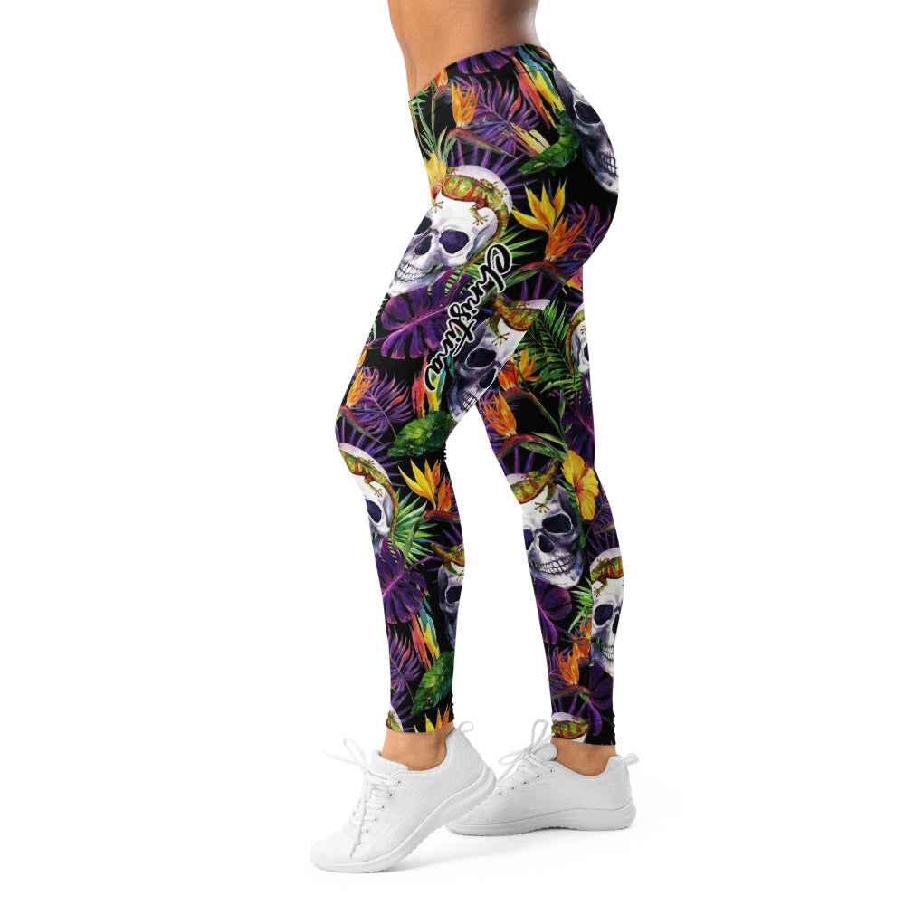 Personalisierte Damen Sportleggings Totenkopf & Tropen Design Fitness Leggings Yoga Hose Dschungel Muster Schwarz Bunt I885