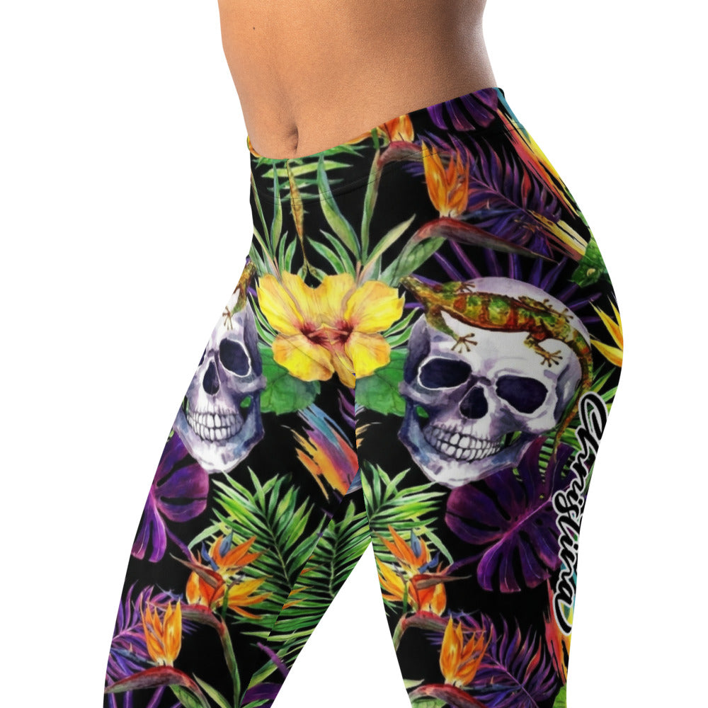 Personalisierte Damen Sportleggings Totenkopf & Tropen Design Fitness Leggings Yoga Hose Dschungel Muster Schwarz Bunt I885