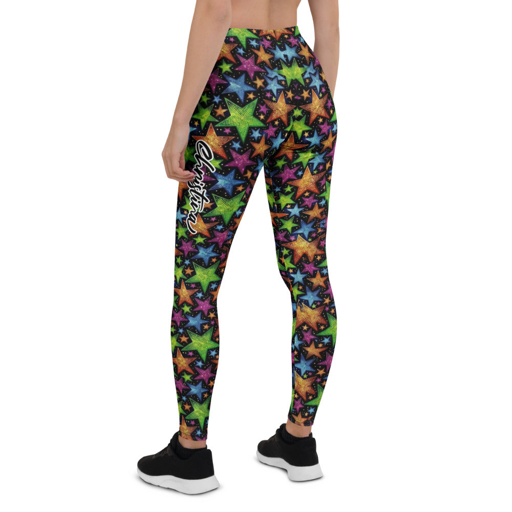 Personalisierte Sportleggings Damen Sternenmuster Bunt Schwarz Fitness Yoga Leggings N070