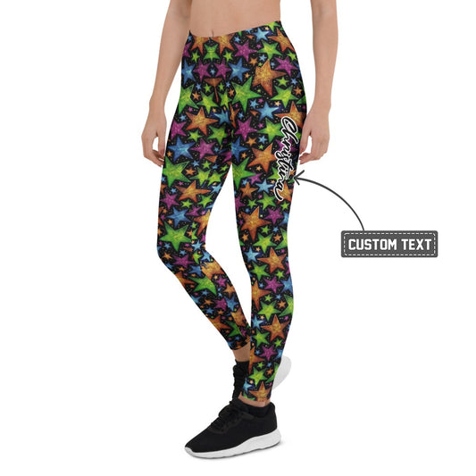 Personalisierte Sportleggings Damen Sternenmuster Bunt Schwarz Fitness Yoga Leggings N070 - XL