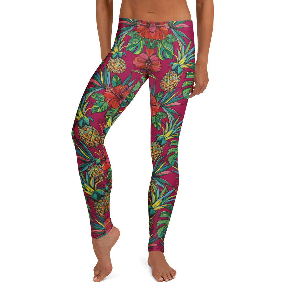 Personalisierte Damen Sportleggings Tropisches Muster Ananas & Hibiskus Print Pink Fitness Yoga Leggings H491