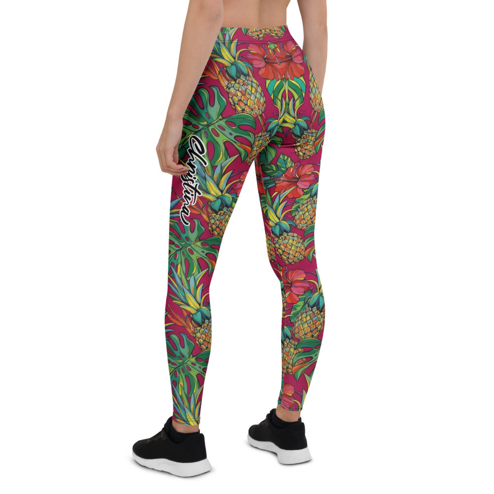 Personalisierte Damen Sportleggings Tropisches Muster Ananas & Hibiskus Print Pink Fitness Yoga Leggings H491