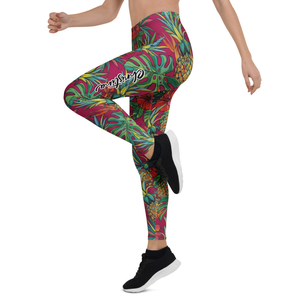 Personalisierte Damen Sportleggings Tropisches Muster Ananas & Hibiskus Print Pink Fitness Yoga Leggings H491