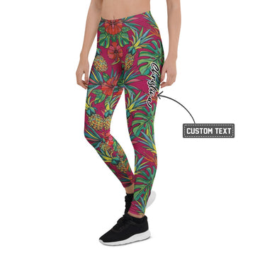 Personalisierte Damen Sportleggings Tropisches Muster Ananas & Hibiskus Print Pink Fitness Yoga Leggings H491 - XL