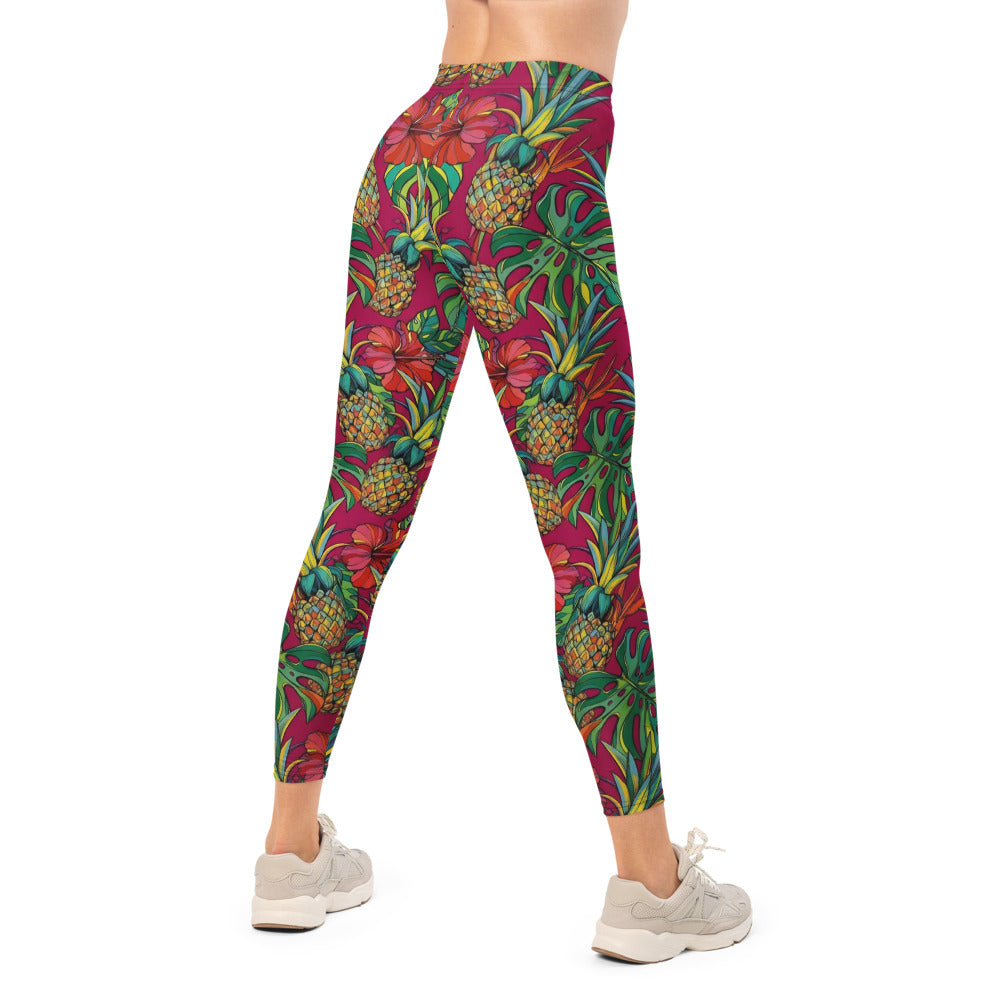 Personalisierte Damen Sportleggings Tropisches Muster Ananas & Hibiskus Print Pink Fitness Yoga Leggings H491