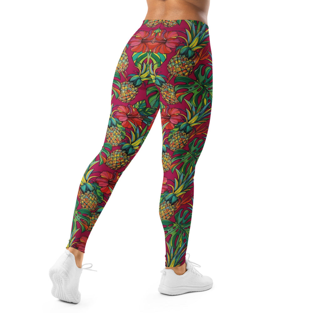 Personalisierte Damen Sportleggings Tropisches Muster Ananas & Hibiskus Print Pink Fitness Yoga Leggings H491