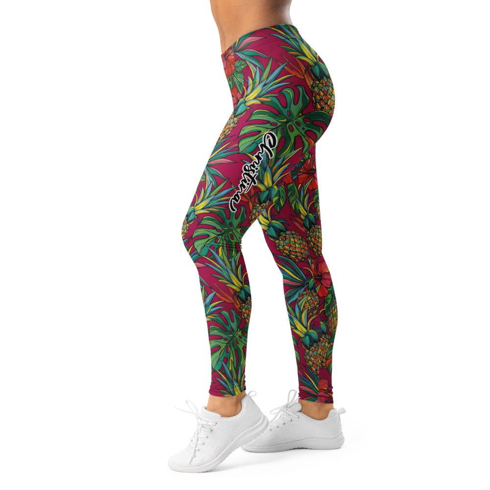 Personalisierte Damen Sportleggings Tropisches Muster Ananas & Hibiskus Print Pink Fitness Yoga Leggings H491