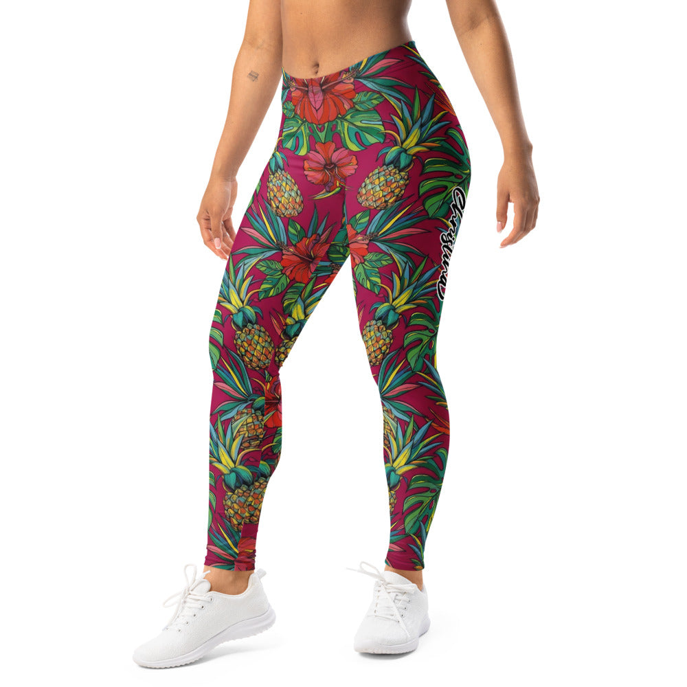Personalisierte Damen Sportleggings Tropisches Muster Ananas & Hibiskus Print Pink Fitness Yoga Leggings H491
