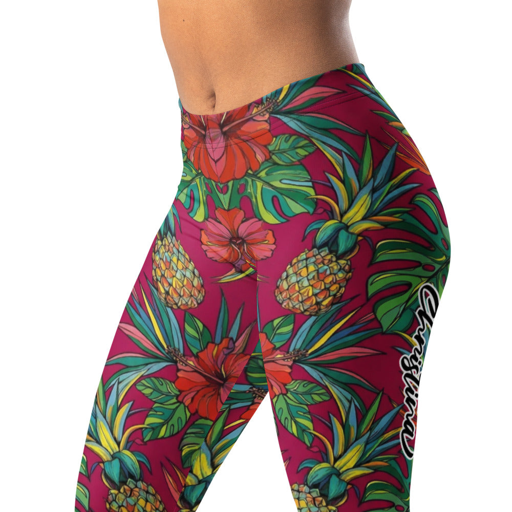 Personalisierte Damen Sportleggings Tropisches Muster Ananas & Hibiskus Print Pink Fitness Yoga Leggings H491