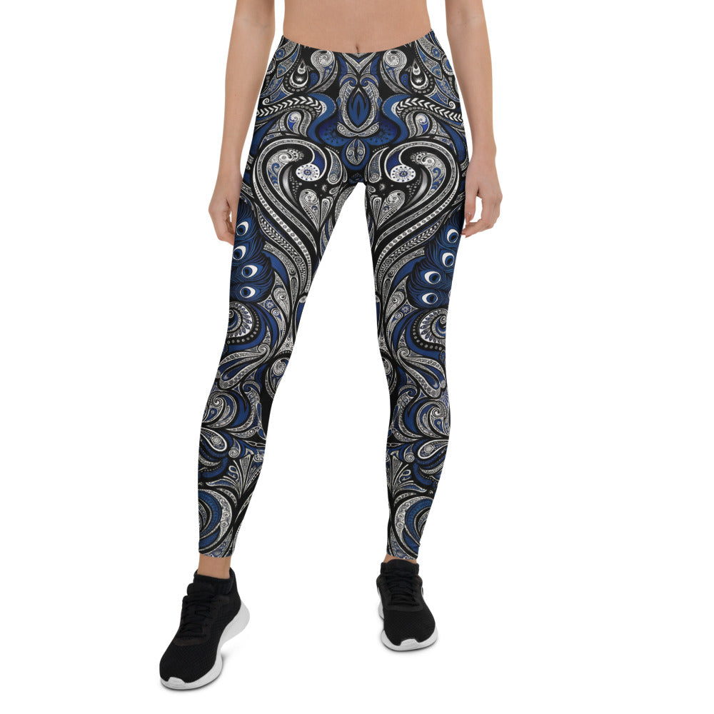Personalisierte Damen Sportleggings Ornament Muster Blau Schwarz Yoga Leggings Fitnesshose X671