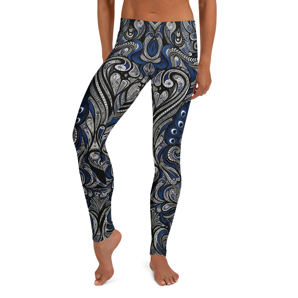 Personalisierte Damen Sportleggings Ornament Muster Blau Schwarz Yoga Leggings Fitnesshose X671