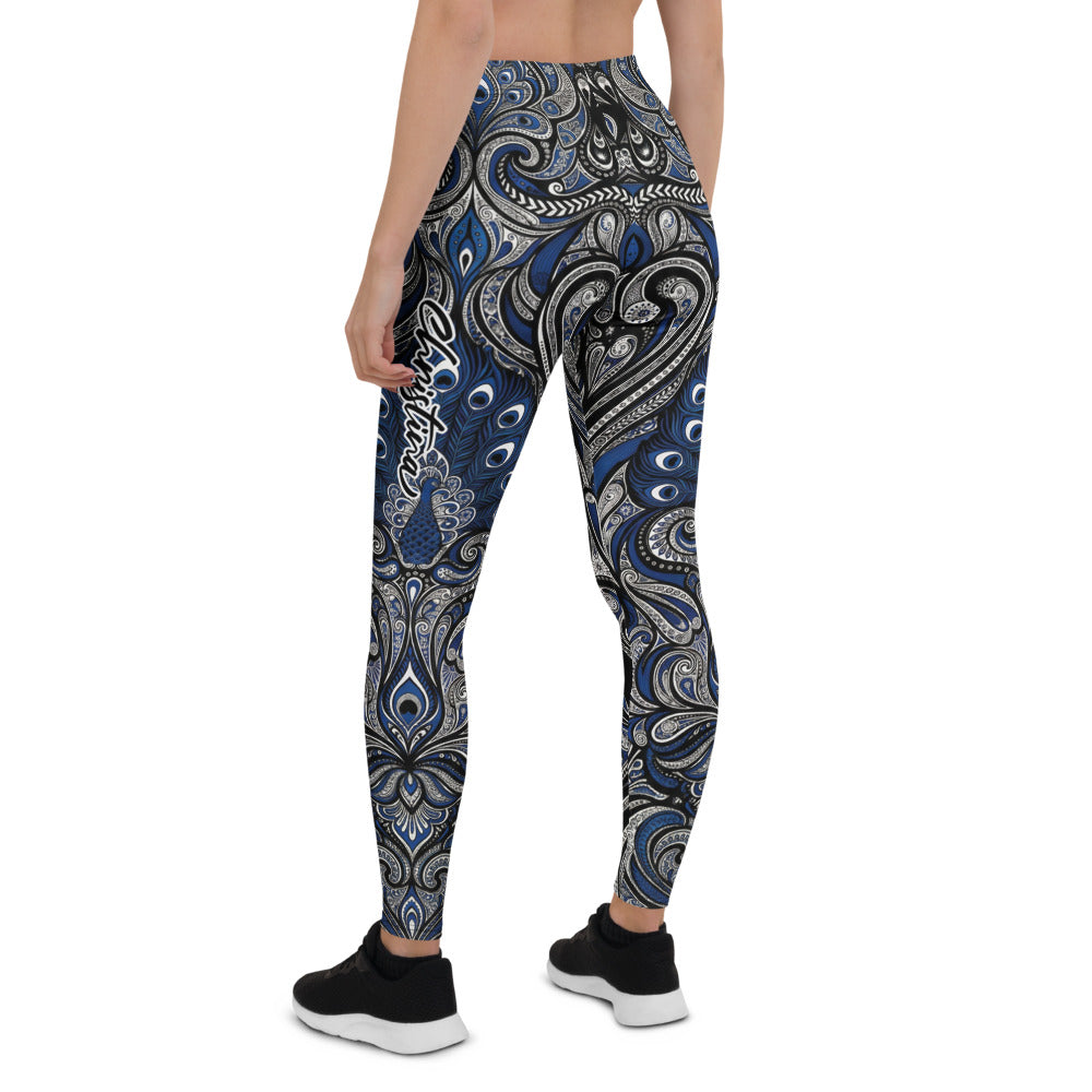 Personalisierte Damen Sportleggings Ornament Muster Blau Schwarz Yoga Leggings Fitnesshose X671