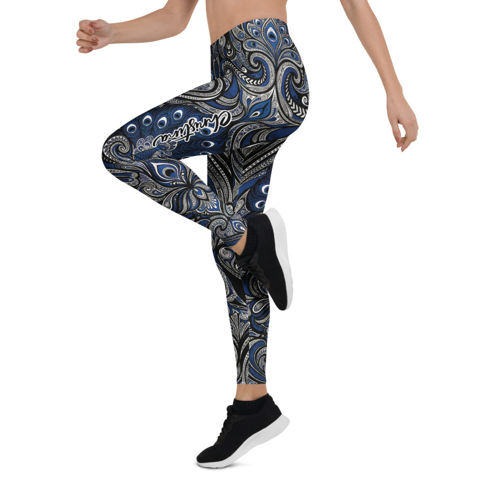 Personalisierte Damen Sportleggings Ornament Muster Blau Schwarz Yoga Leggings Fitnesshose X671