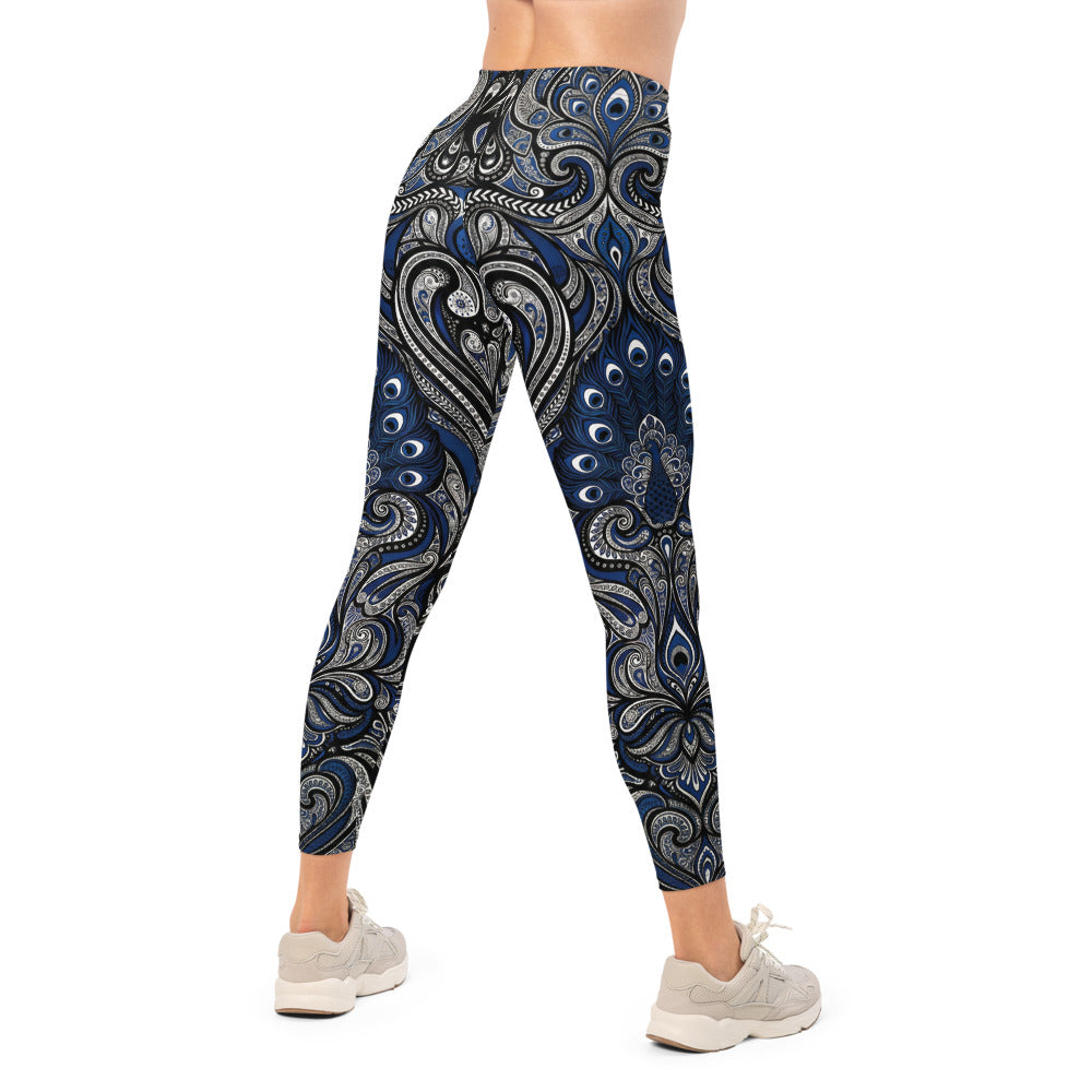 Personalisierte Damen Sportleggings Ornament Muster Blau Schwarz Yoga Leggings Fitnesshose X671