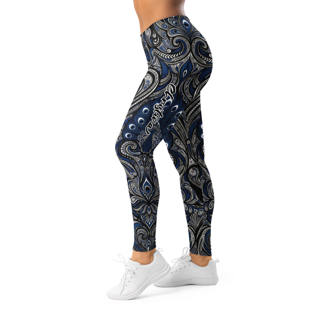 Personalisierte Damen Sportleggings Ornament Muster Blau Schwarz Yoga Leggings Fitnesshose X671