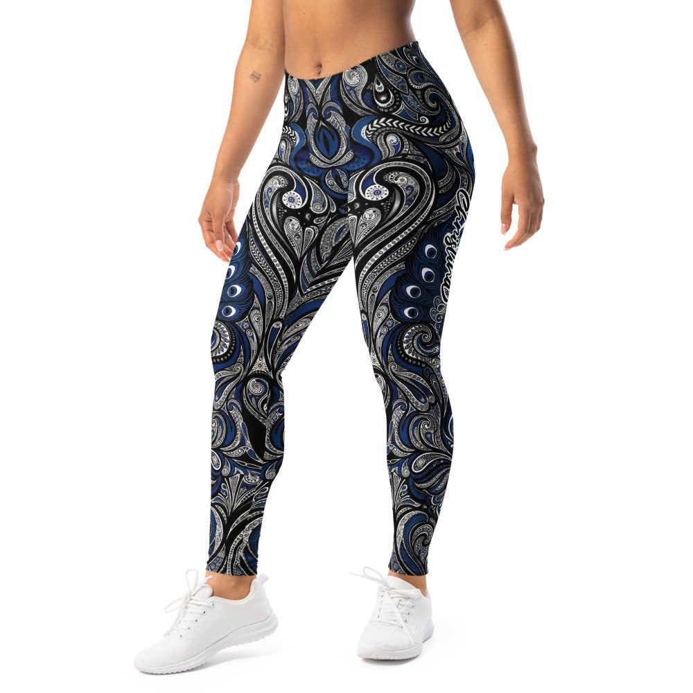 Personalisierte Damen Sportleggings Ornament Muster Blau Schwarz Yoga Leggings Fitnesshose X671