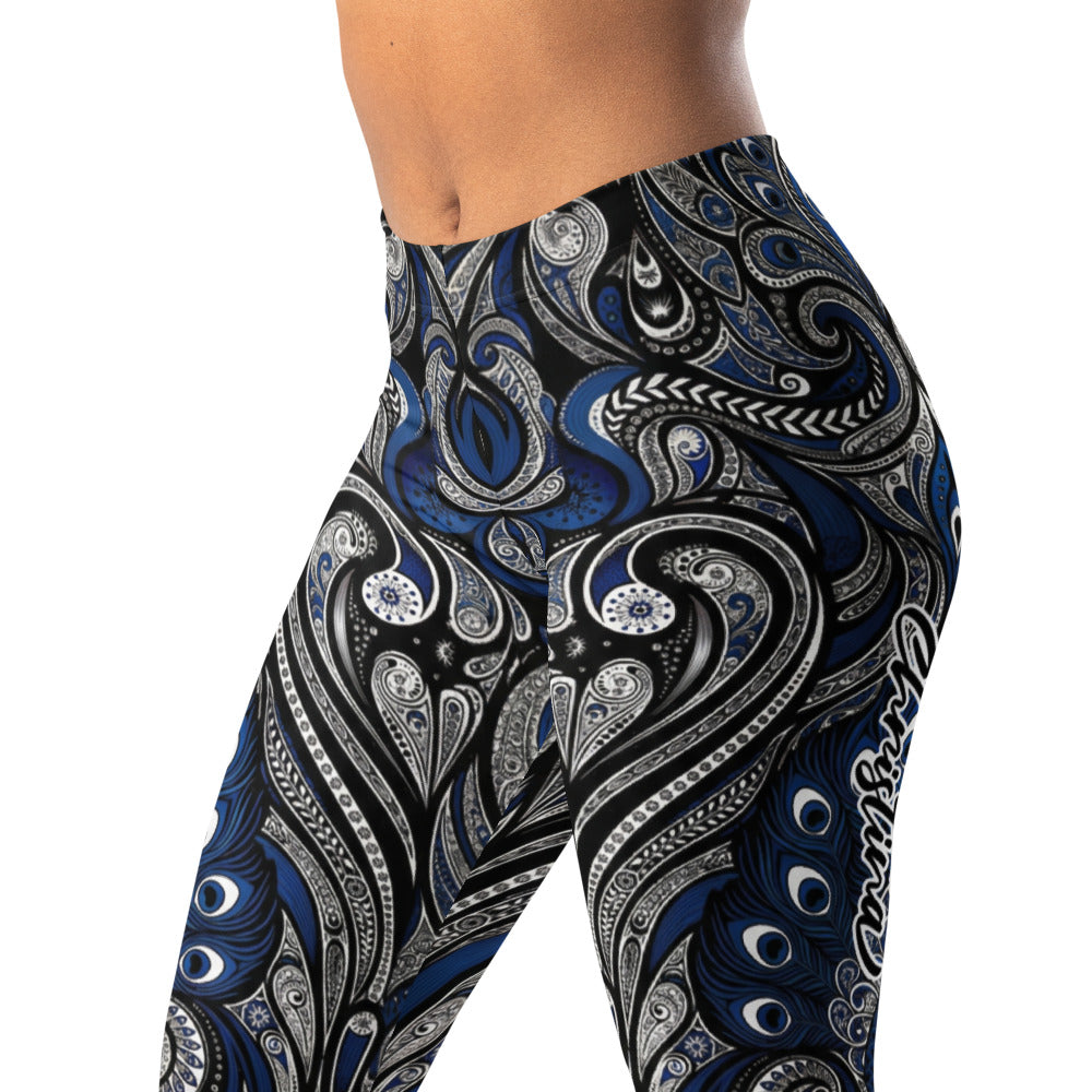 Personalisierte Damen Sportleggings Ornament Muster Blau Schwarz Yoga Leggings Fitnesshose X671